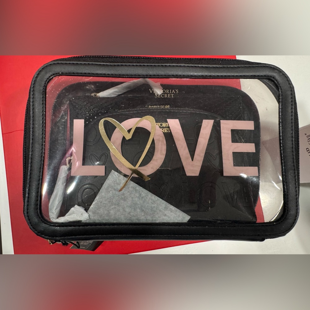 Victoria's Secret Black and Pink Love Cosmetic Bags 3 pieces